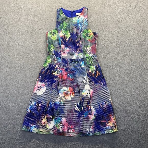 AIDAN MATTOX Blue Multi Floral Mesh Overlay Fit & Flare Party Dress Size 4 Zip - Picture 1 of 11